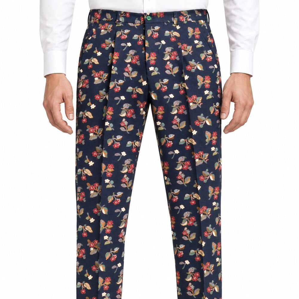 Mens 36 Navy Blue Floral Print Cotton Slim Fit Flat Front Dress Pants Trousers